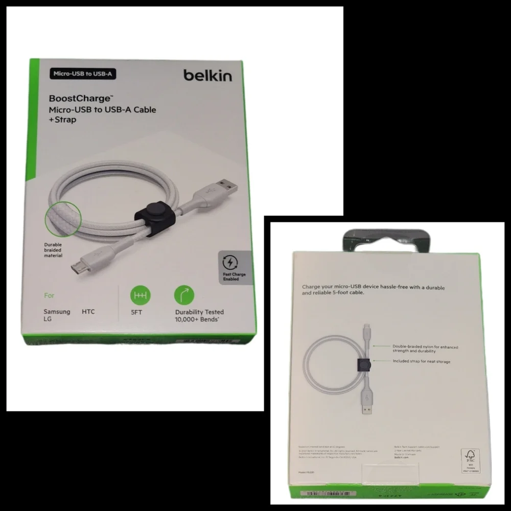 Belkin Boost Charge~Micro USB to USB-A Cable+Strap & One Free Cable Included